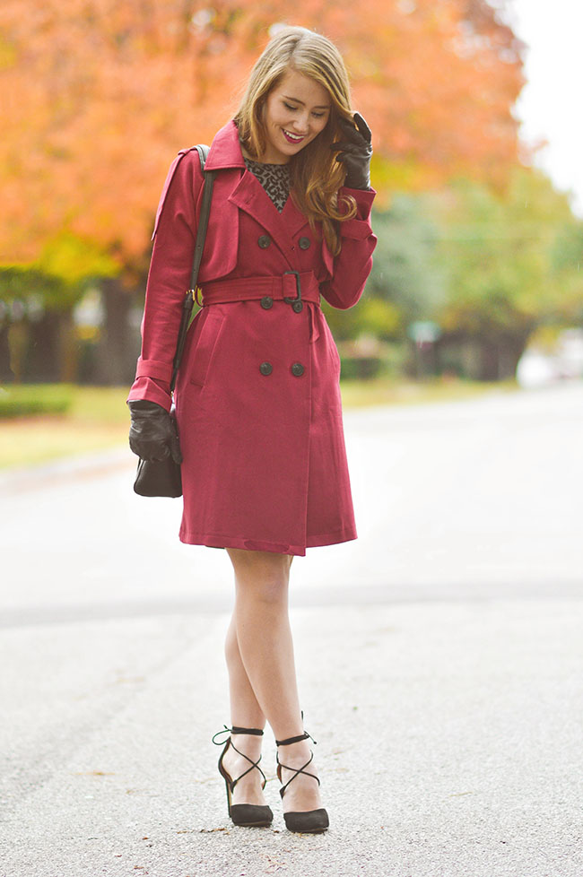 burgundy trench coat, red trench coat, maroon trench coat
