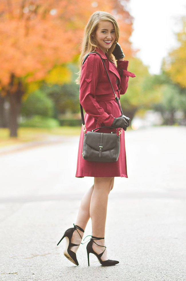 burgundy trench coat, red trench coat, maroon trench coat