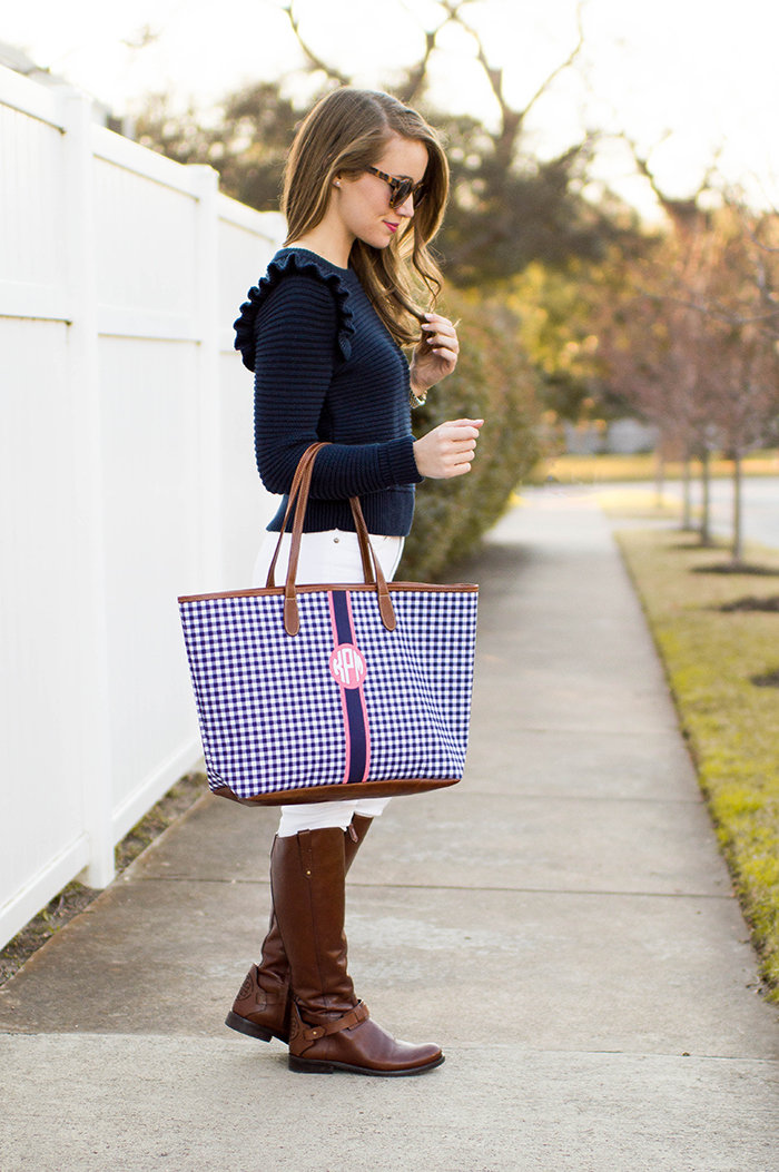 monogrammed tote, gingham tote, ruffle sweater