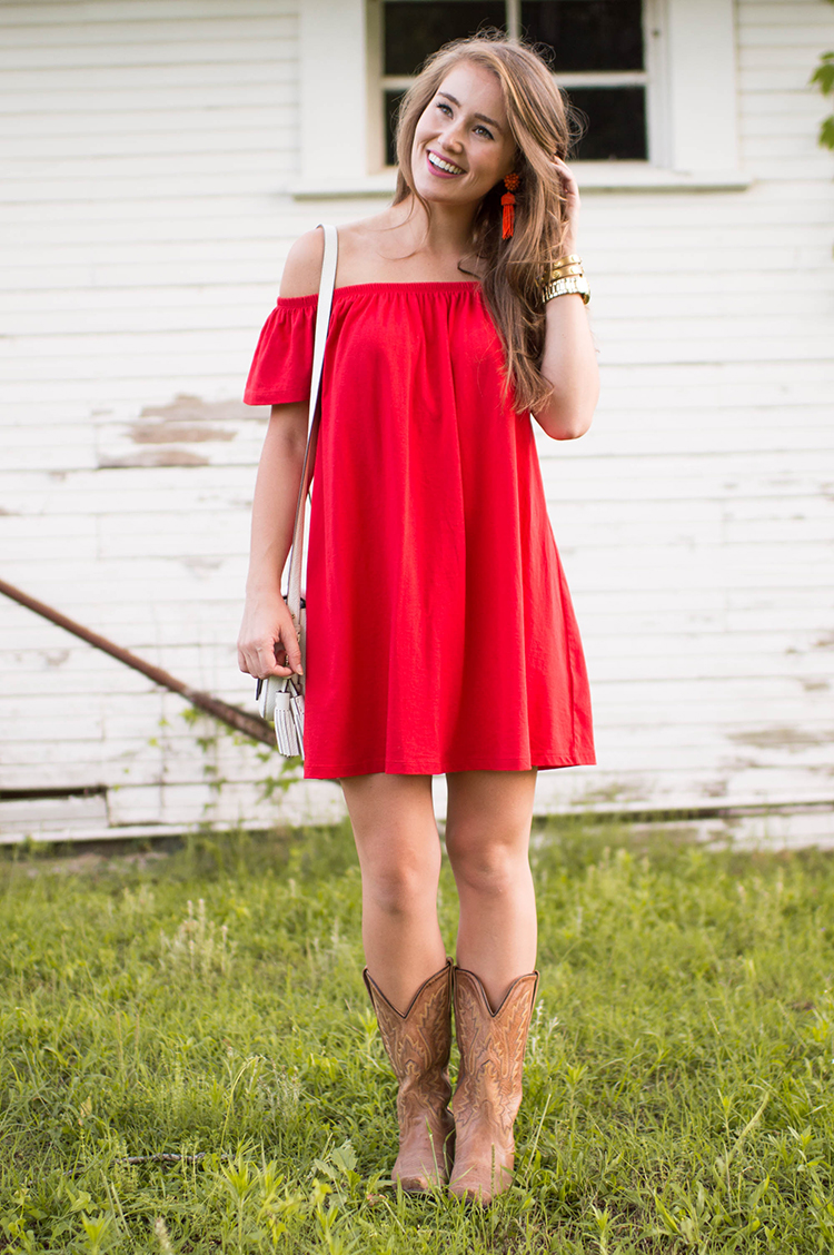 red dress with cowboy boots