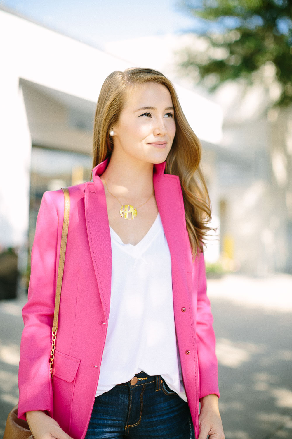 pink blazer, block monogram necklace