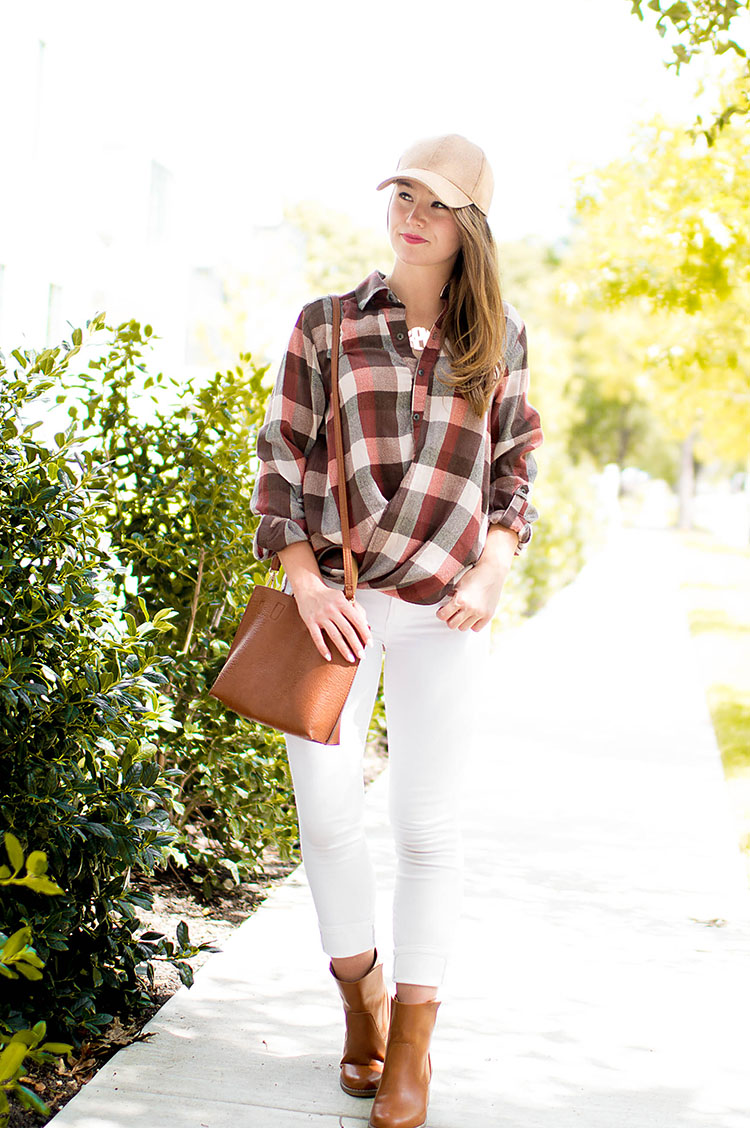 checked wrap top, tan baseball cap, wool baseball cap, white jeans after labor day, white jeans in fall