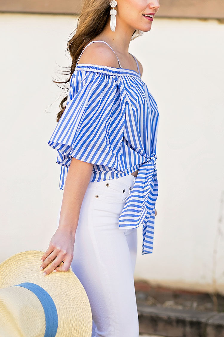 blue and white off the shoulder top