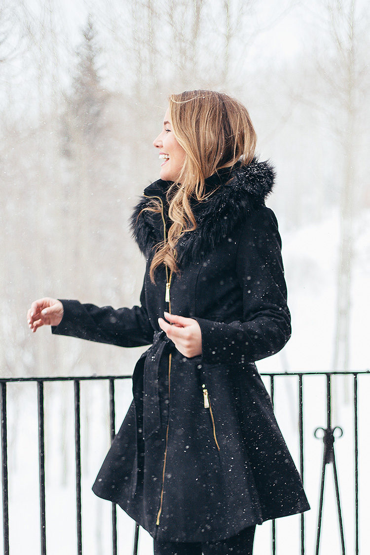 faux fur skirted coat, laundry coat, black aline coat, cute snow outfit