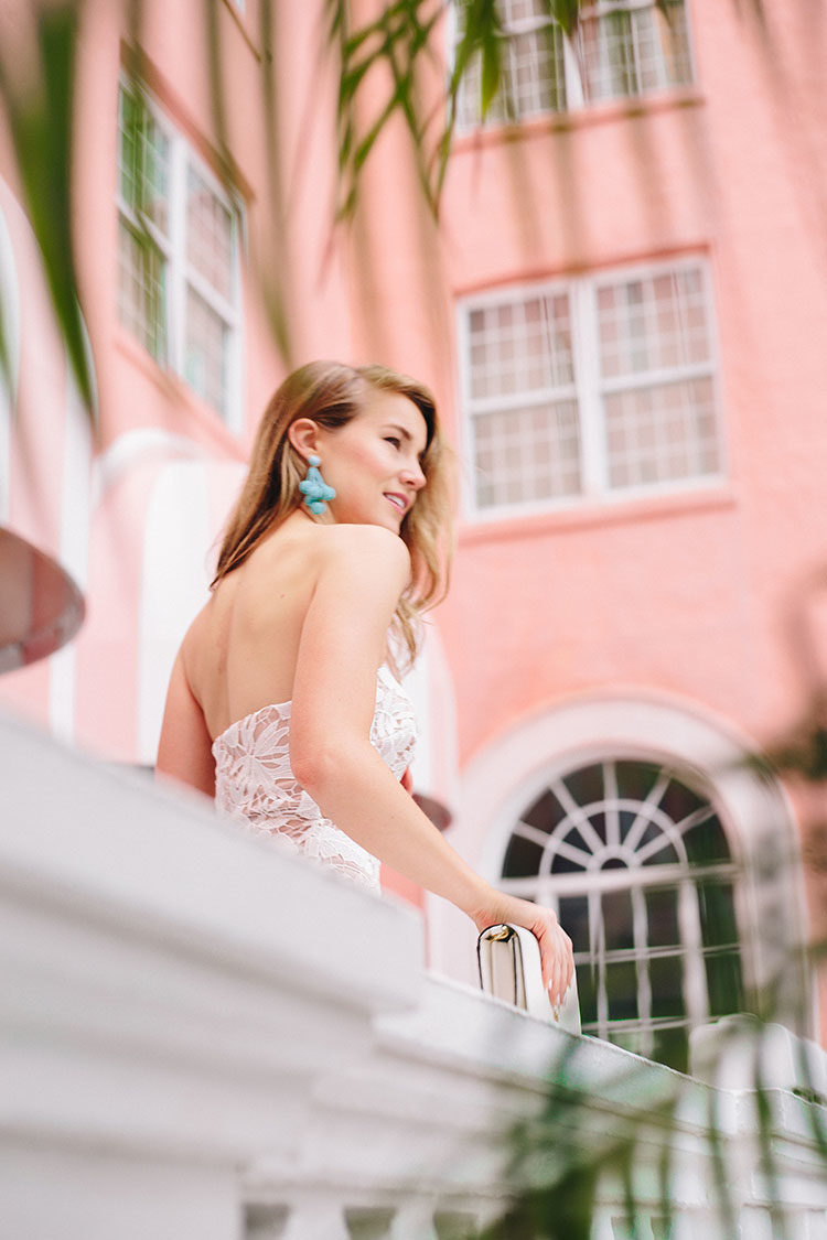 bloomingdale's prom dress, prom dress, white lace evening gown, turquoise earrings, aidan mattox gown