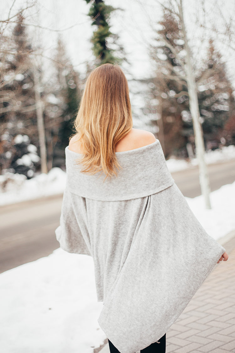 grey off the shoulder sweater