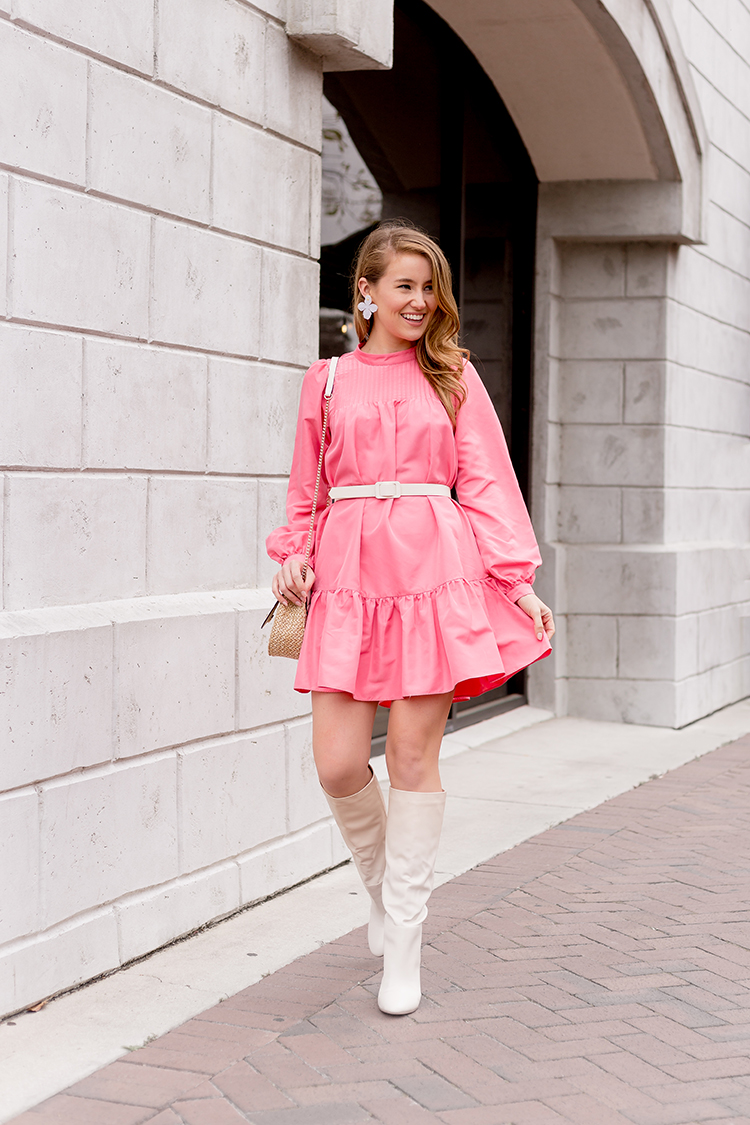 pink dress, hm, ecru boots