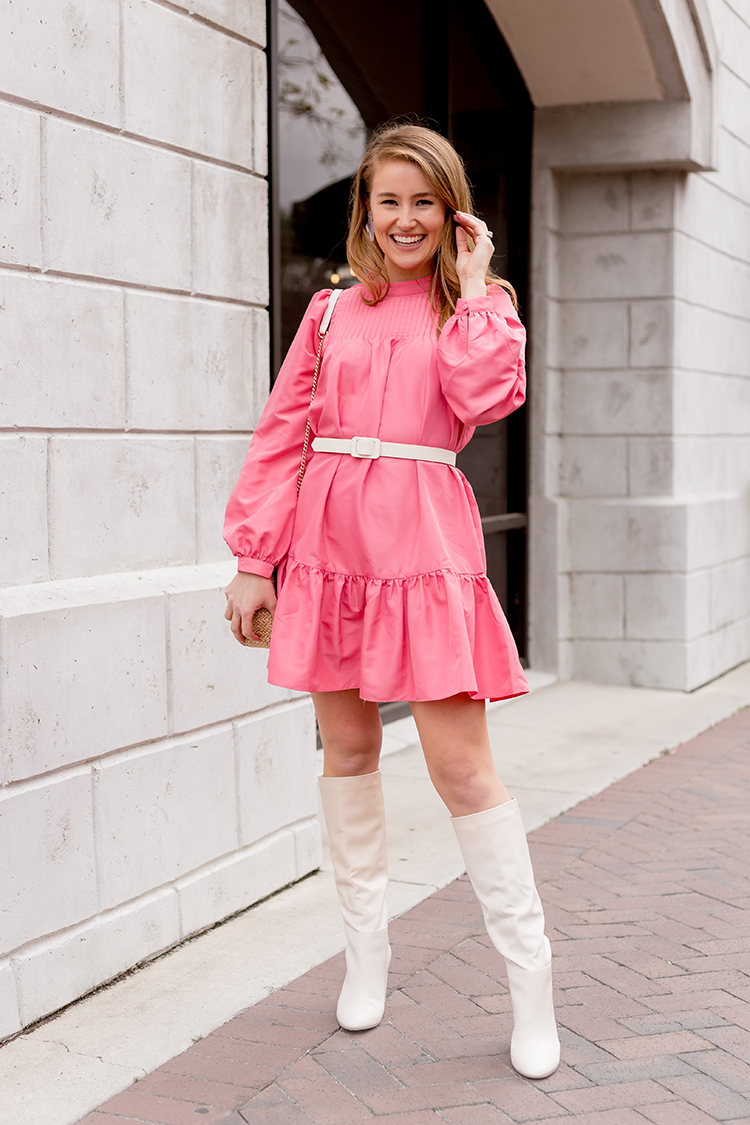 pink dress, hm, ecru boots