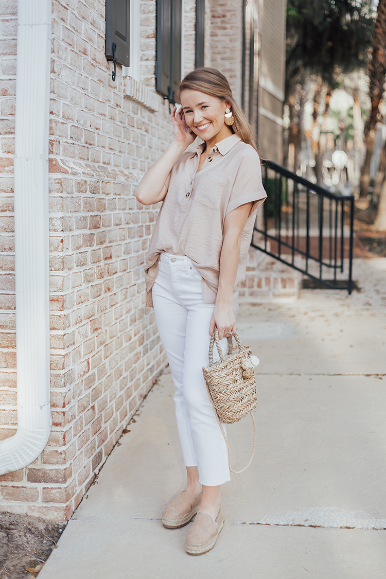 neutral spring outfit, straw bag, cropped white jeans