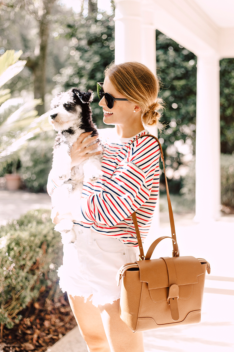 red and blue striped top, tan chanel ballet flats, senreve midi maestra