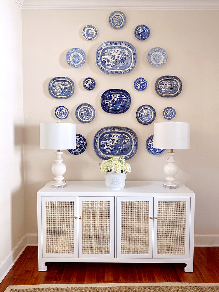 blue and white plate wall, rattan buffet sideboard cabinet