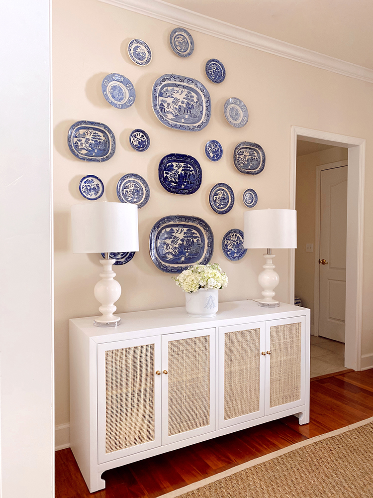 blue and white plate wall, rattan buffet sideboard cabinet