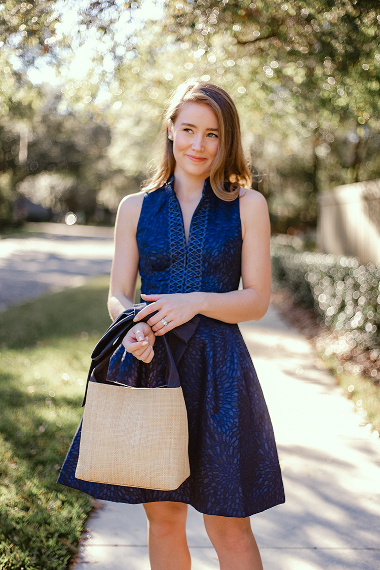 lilly pulitzer after party sale, navy cocktail dress, pamela munson bow bag