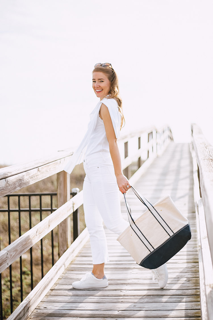 j.crew new arrivals, white ruffle tank, navy gingham sneakers, canvas montauk tote