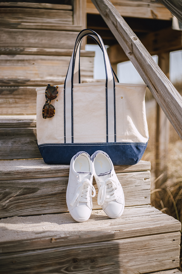 j.crew new arrivals, white ruffle tank, navy gingham sneakers, canvas montauk tote