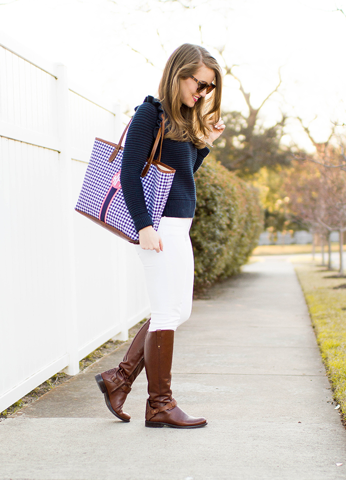 monogrammed tote, gingham tote, ruffle sweater