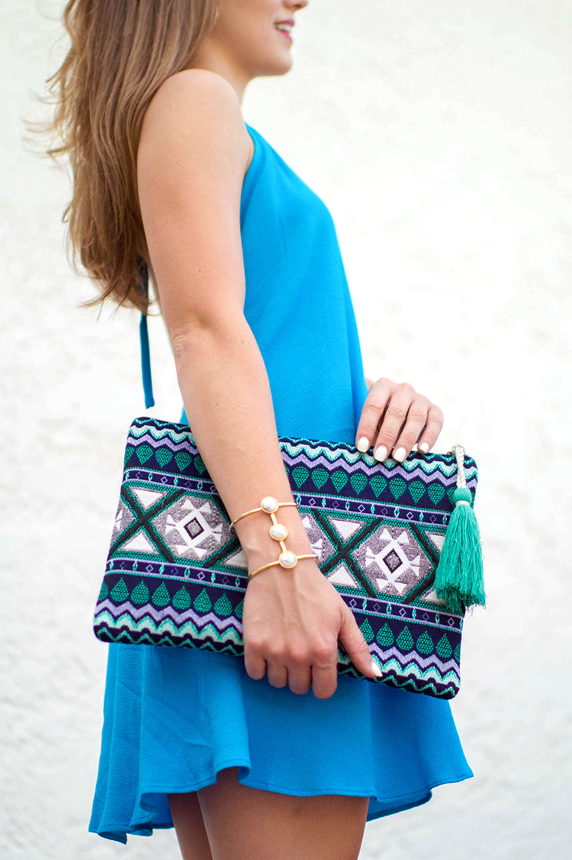 blue halter dress, sole society clutch, sole society wedges, sole society clutch