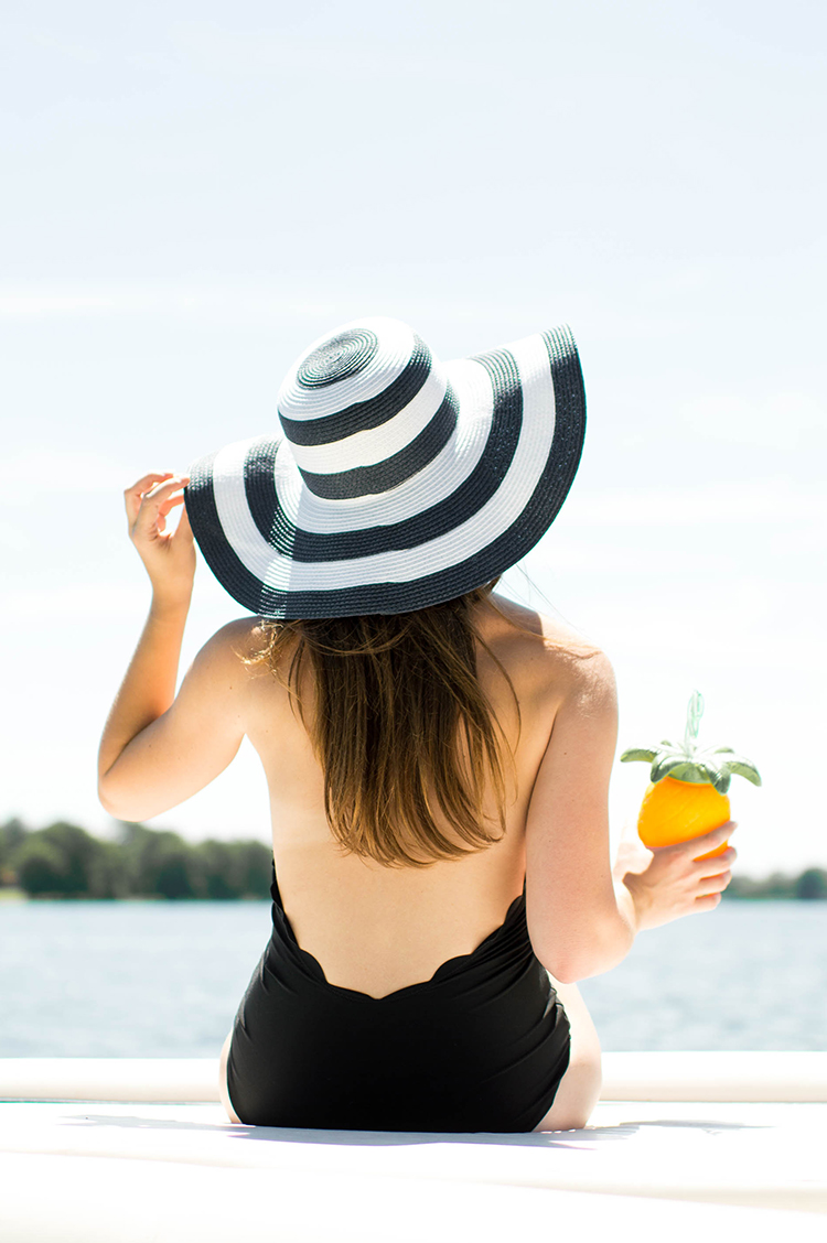 scallop one piece, scallop swim suit, striped sun hat, marysia swim, marysia swim dupe, marysia swim one piece