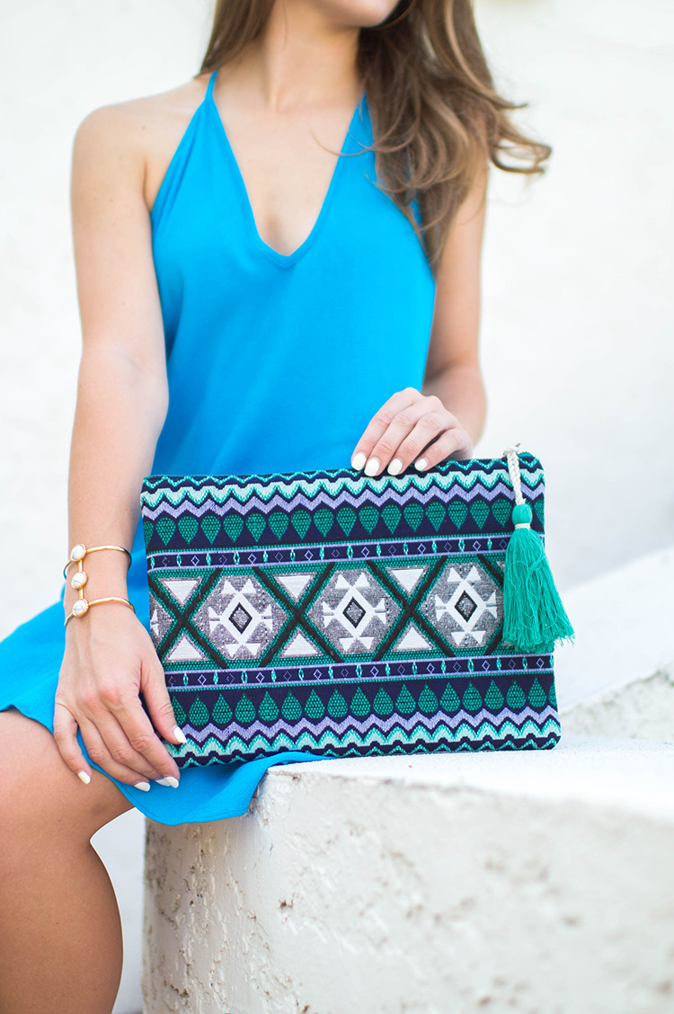 blue halter dress, sole society clutch, sole society wedges, sole society clutch