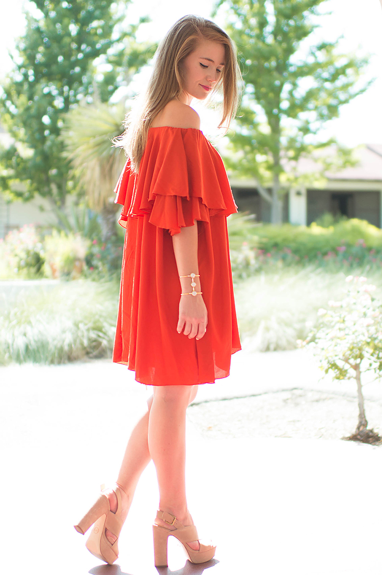 mlm off the shoulder dress, red mlm off the shoulder dress, gigi new york stella clutch, tassel clutch, nude clutch, beige clutch, red dress, platform heels, platform slingback heels, michael kors slingback platforms