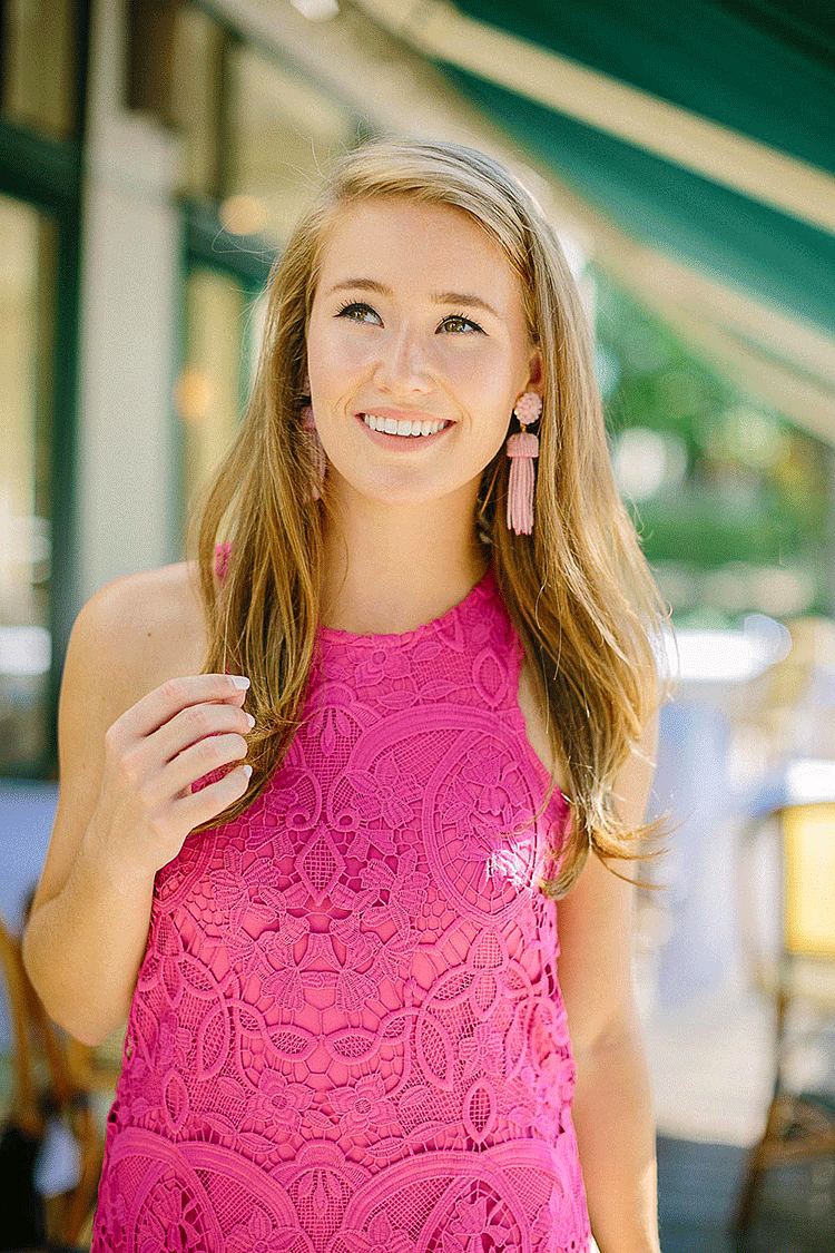 scalloped pink dress, pink earrings, strappy heels, pink earrings, pink tassel earrings