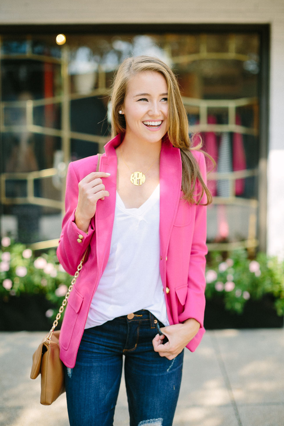 pink blazer, block monogram necklace