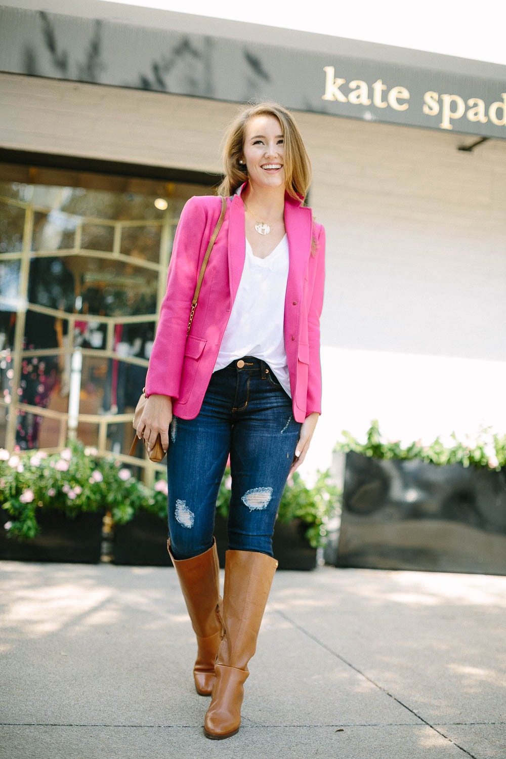 pink blazer, block monogram necklace