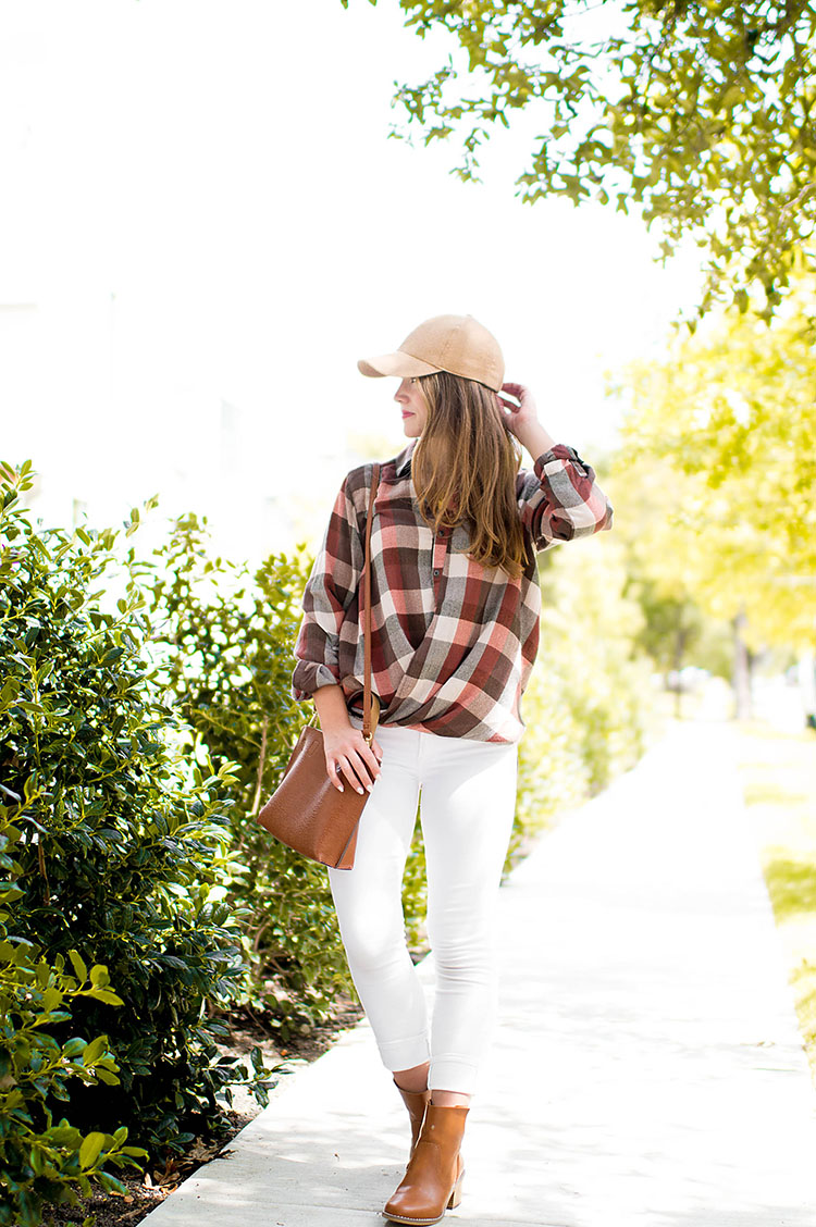 checked wrap top, tan baseball cap, wool baseball cap, white jeans after labor day, white jeans in fall