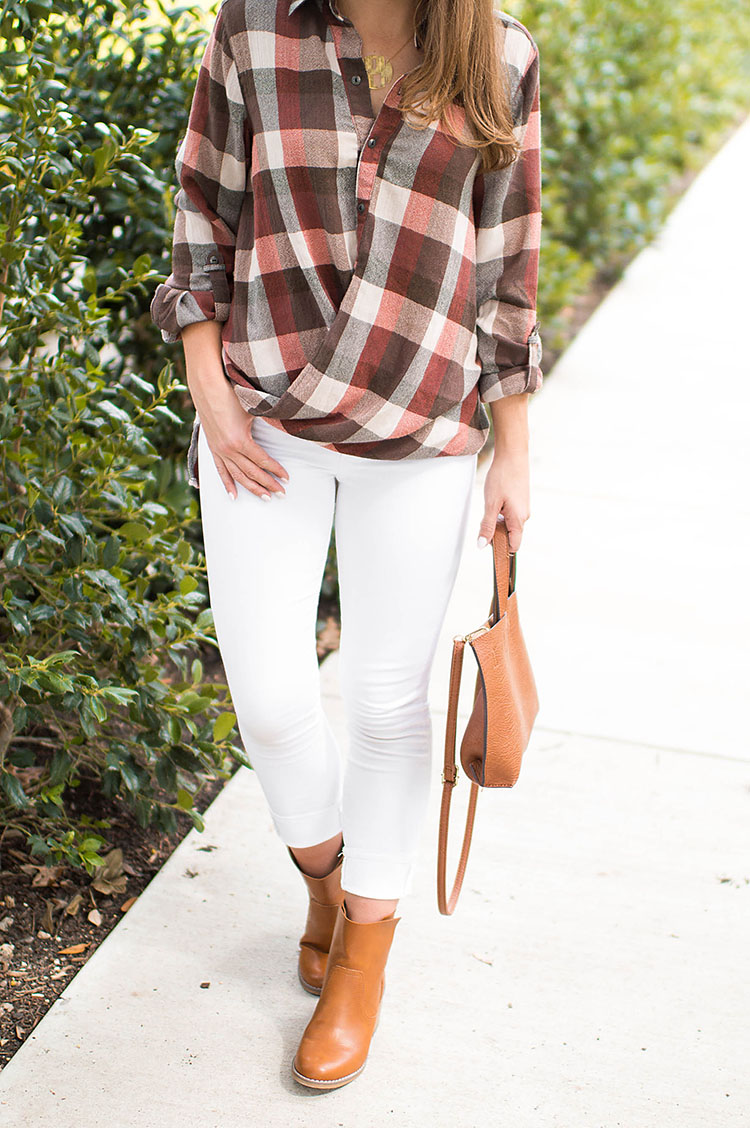 checked wrap top, tan baseball cap, wool baseball cap, white jeans after labor day, white jeans in fall