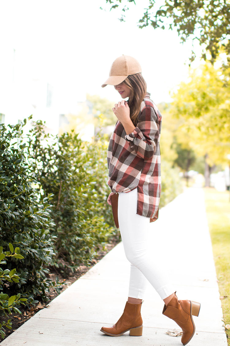 checked wrap top, tan baseball cap, wool baseball cap, white jeans after labor day, white jeans in fall