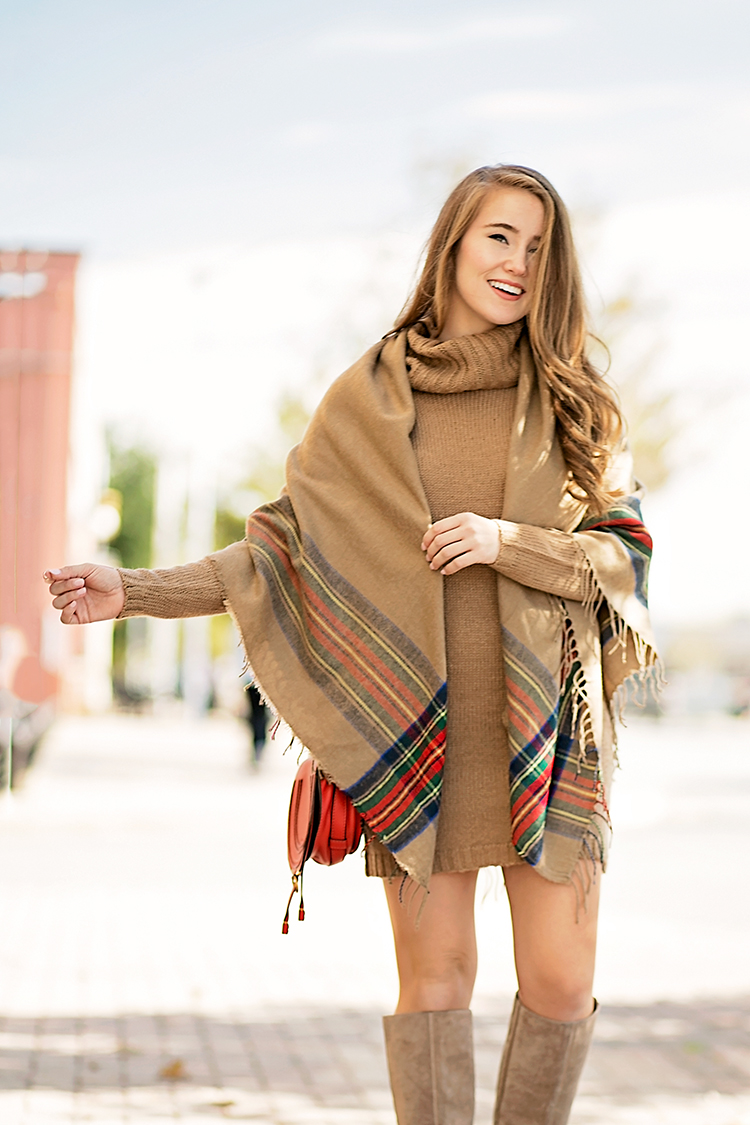 thanksgiving outfit, blanket scarf, sweater dress