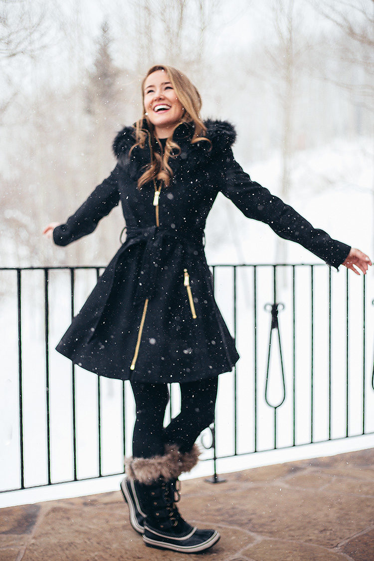faux fur skirted coat, laundry coat, black aline coat, sorel joan of arctic boots, cute snow outfit