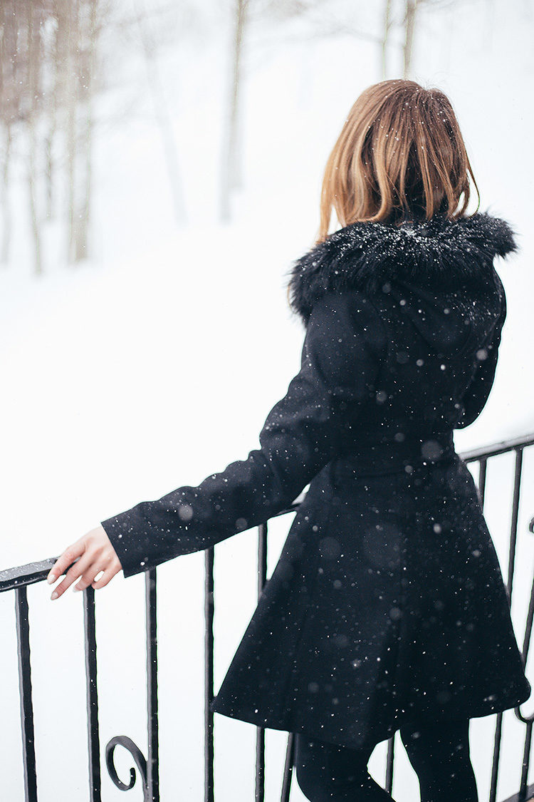 faux fur skirted coat, laundry coat, black aline coat, sorel joan of arctic boots, cute snow outfit