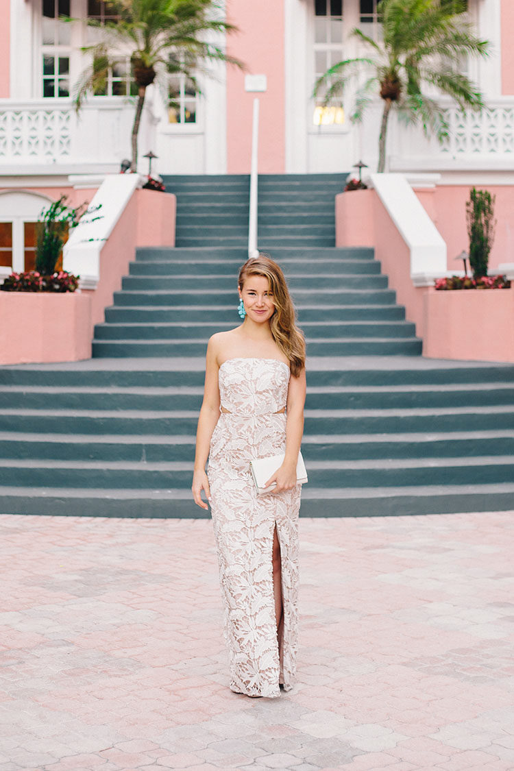 bloomingdale's prom dress, prom dress, white lace evening gown, turquoise earrings, aidan mattox gown