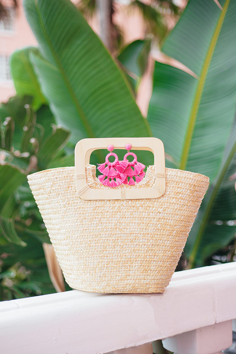 pink statement earrings, straw bag, tuckernuck, pink and palm trees, the don cesar hotel