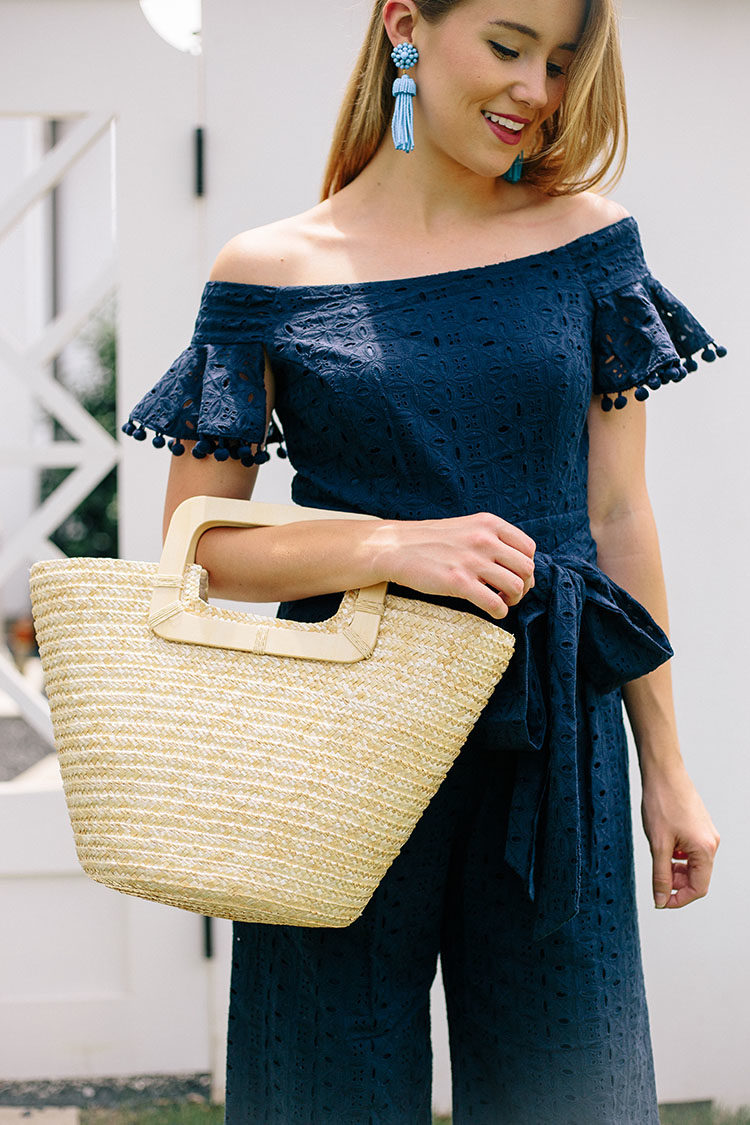 navy eyelet pom pom jumpsuit – a lonestar state of southern