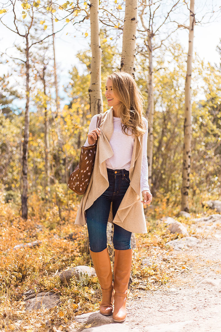 nordstrom essentials vest, tory burch brooke tan riding boot, barrington st. anne axis print tote