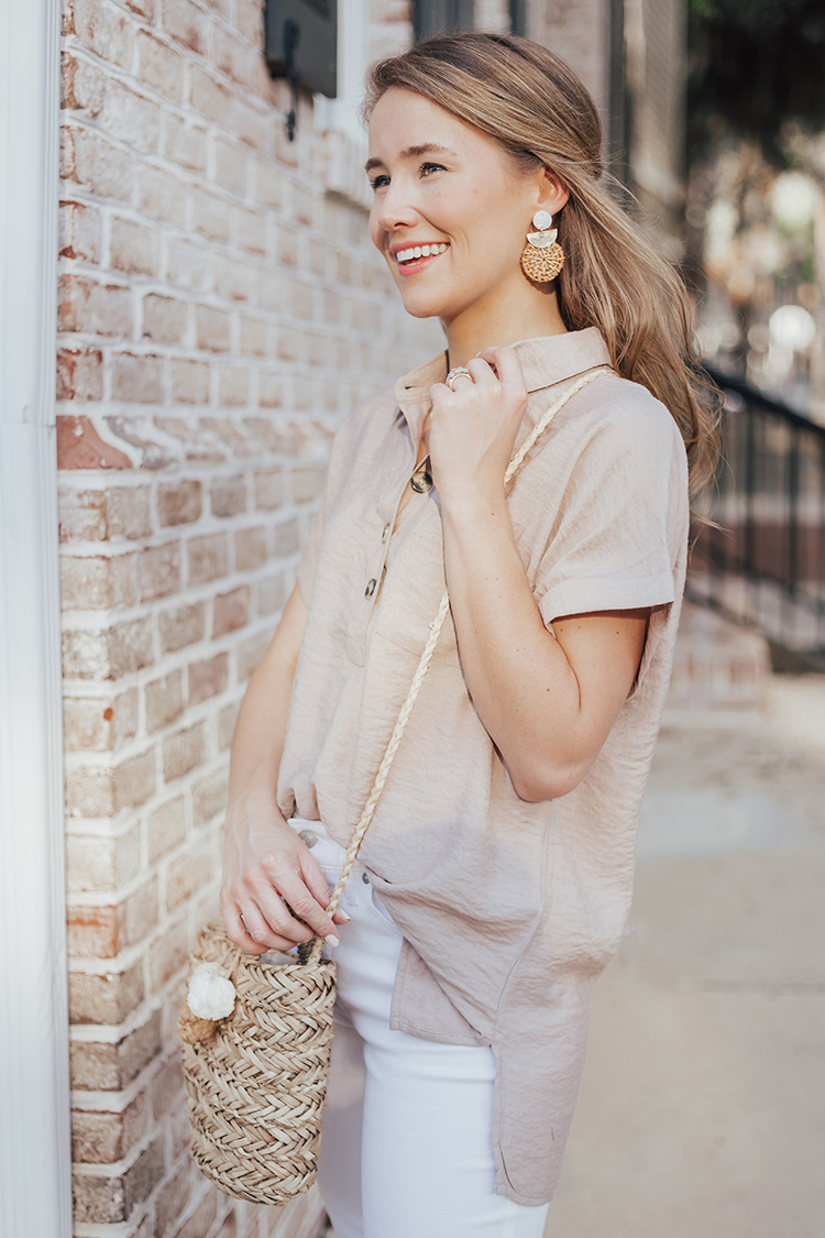 neutral spring outfit, straw bag, cropped white jeans