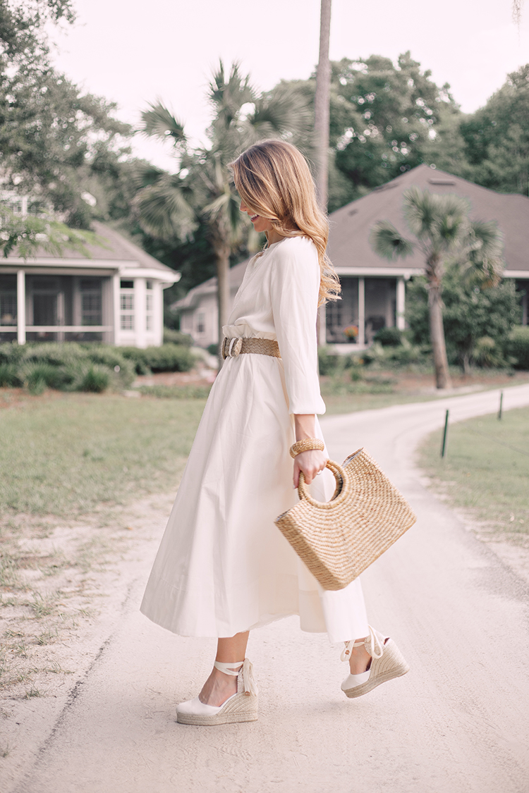white midi skirt, espadrille wedges, straw bag, woven belt