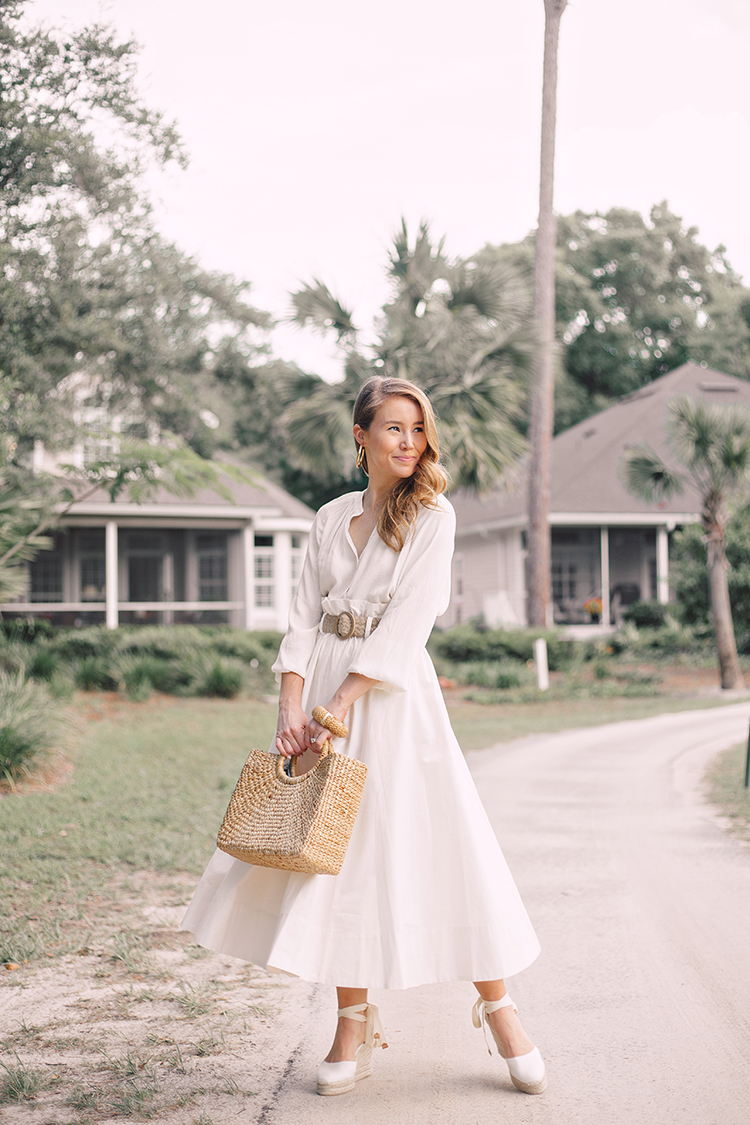 white midi skirt, espadrille wedges, straw bag, woven belt
