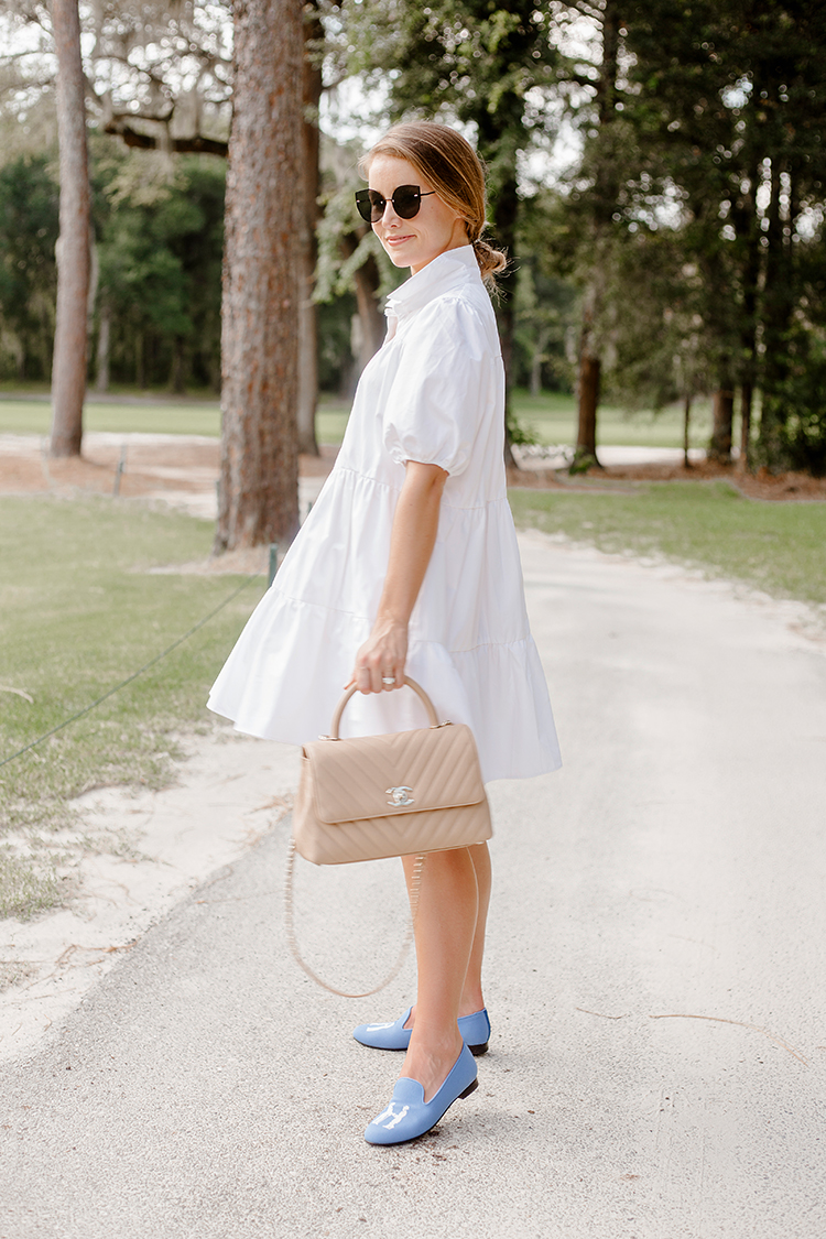 white collared zara dress, blue hadleighs slippers women, chanel medium coco handle caviar