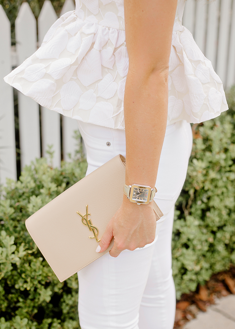 white peplum top, michele deco watch