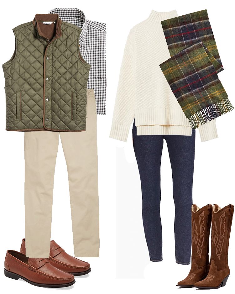 christmas card outfit ideas, engagement photo outfit ideas, barbour scarf, peter millar vest, outfit