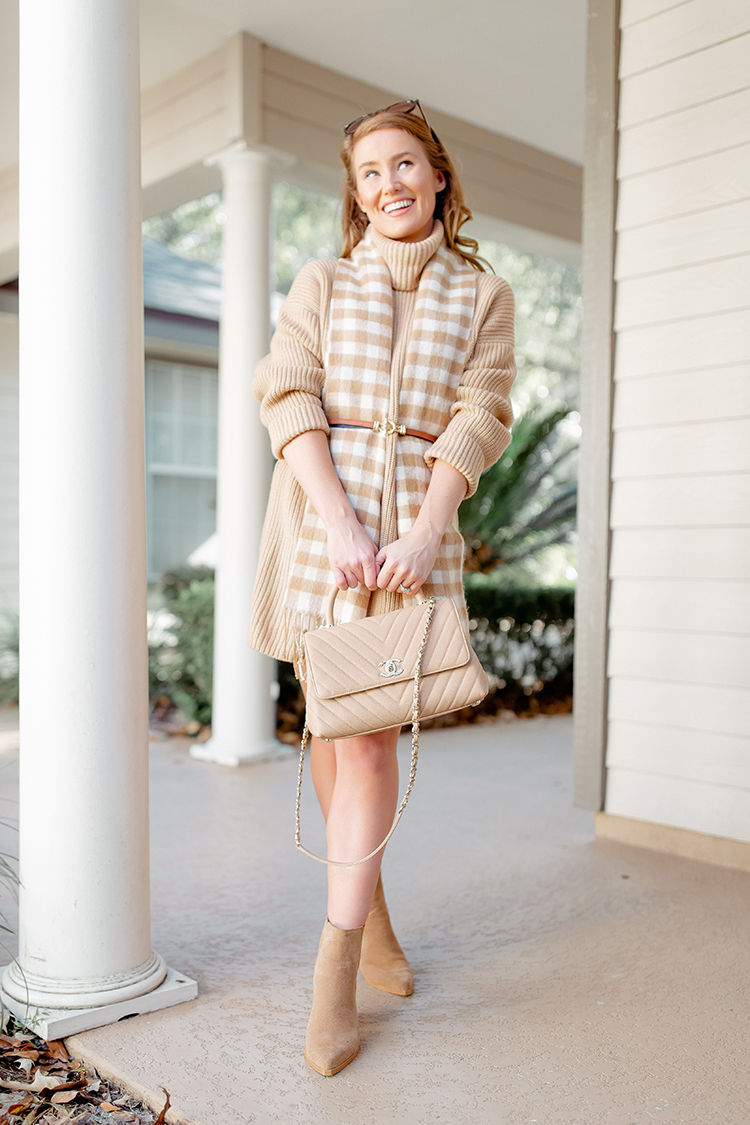 the perfect sweater dress, tan sweater dress, gingham scarf, chanel coco top handle bag, marc fisher booties