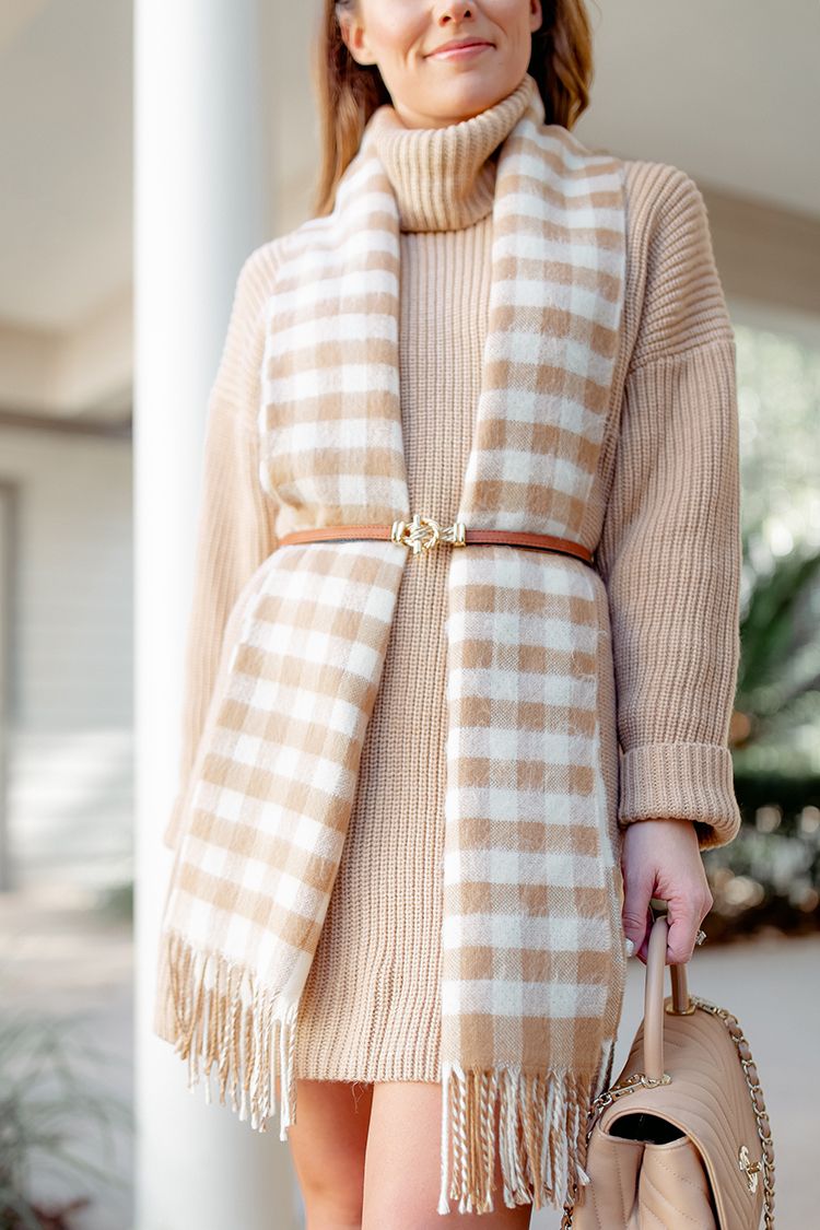 the perfect sweater dress, tan sweater dress, gingham scarf, chanel coco top handle bag, marc fisher booties