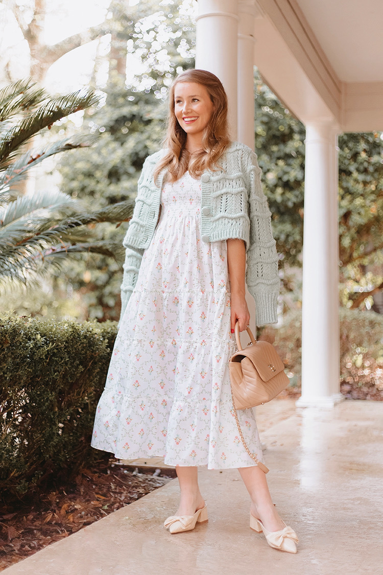 hill house ellie nap dress, bow shoes, mules, chanel coco top handle, mint cardigan