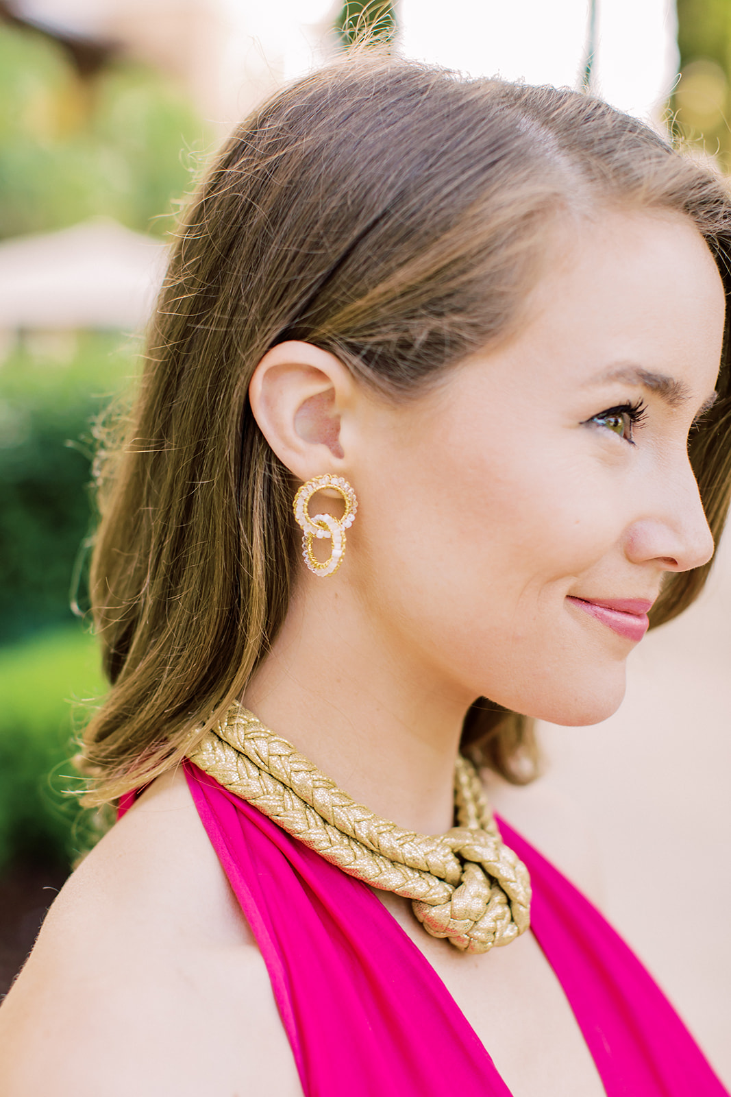 hot pink maxi dress, gold knot necklace, gold hoop earrings, gold loeffler randall penny heels