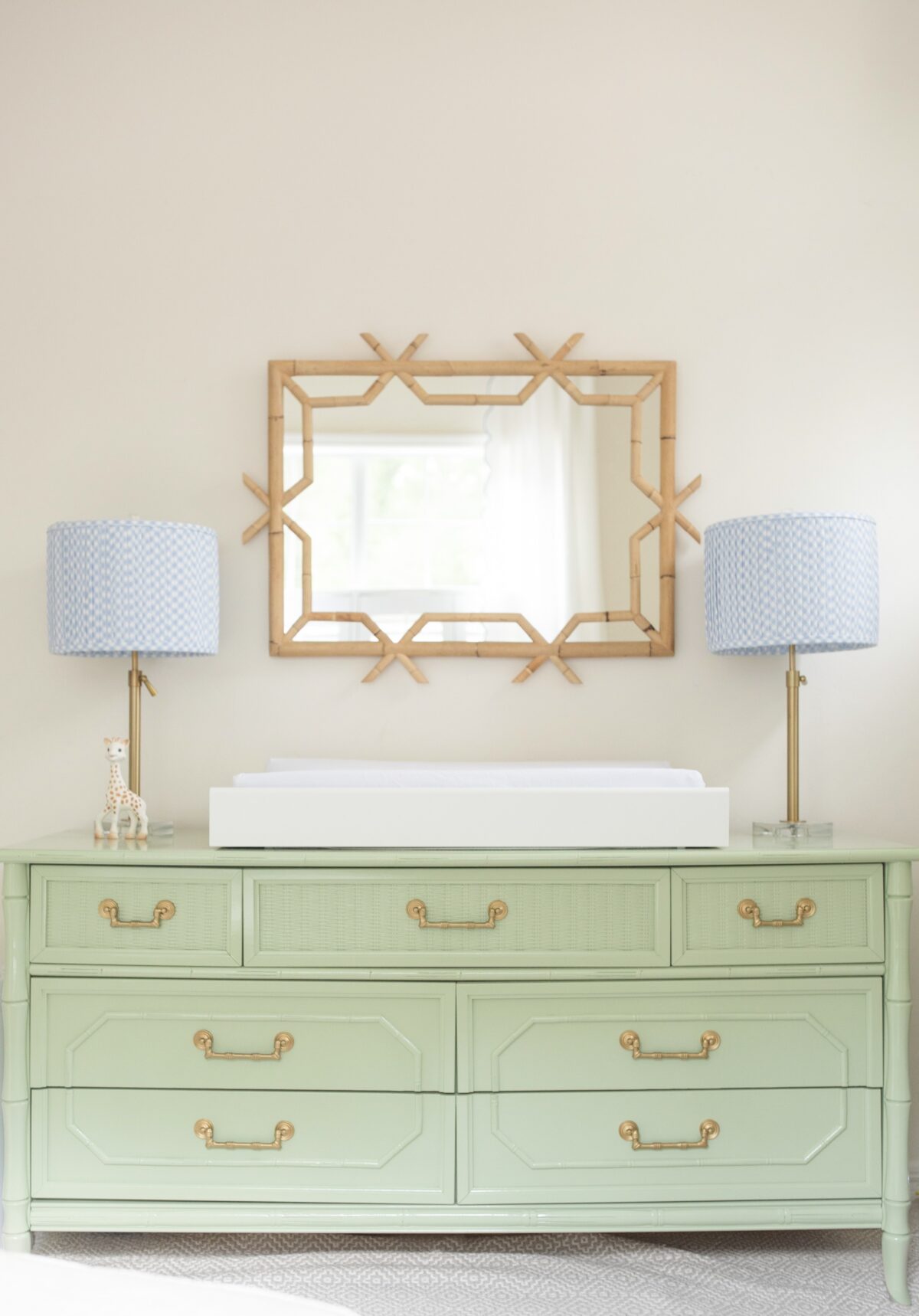 baby boy nursery reveal with dresser, mirror, and lamps